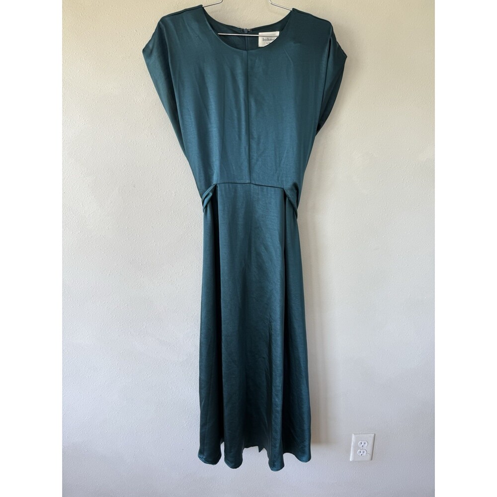 Bohme Womens Small S Blue midi Long dress Sheen Shiny Cap Sleeve Tie Waist